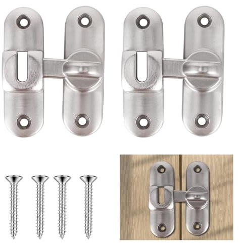 2PCS 90 Degree Door Lock Stainless Steel Barn Door Lock Latch Safety Sliding Security Door Latch Small Gate Latches Hardware for Barn, Garden, Bathroom, Cabinet, Window, Sliding Door-Silver