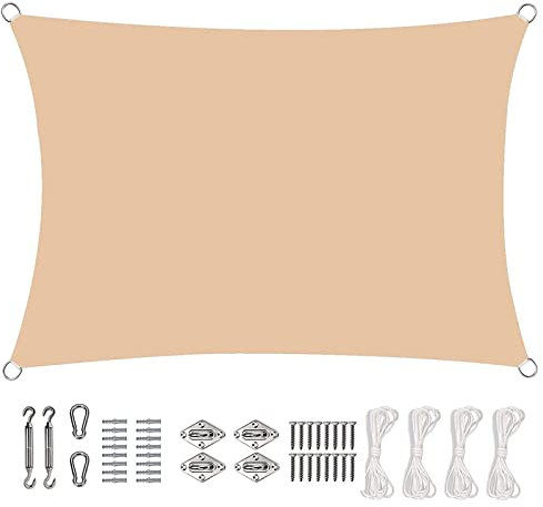 Tettoia rettangolare impermeabile per esterni, 2 x 5 m, con tenda parasole resistente e struttura in acciaio inox, vela ombreggiante per esterni, patio, giardino e cortile.