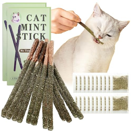 Bastoncini di Erba Gatta Set, 12 Bastoncini da Masticare per Gatti con 20 Catnip Naturale di Alta qualità, Giochi Interattivi Commestibili per Gatti per Alleviare la Noia del Gatto ePulire i Denti