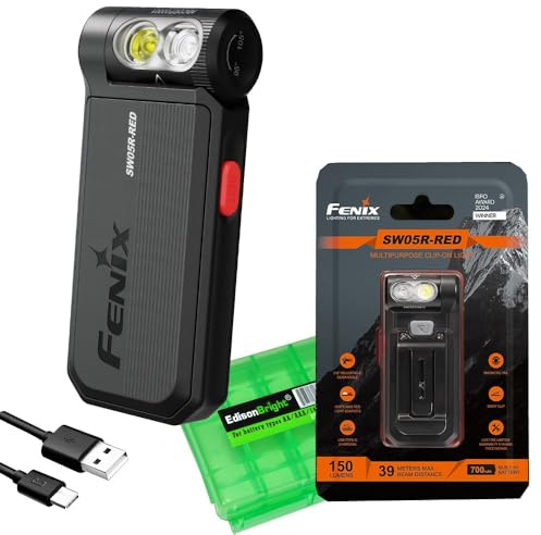 Fenix SW05R-RED Taschenlampe, flach, schwenkbar, mit rotem Licht, mit EdisonBright Zubehörtasche, Schwarz