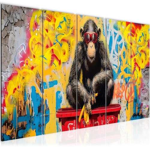 Runa Art Wandbild Affe 200 x 80 cm Modern Bild auf Vlies Leinwand Graffiti Streetart Wohnzimmer Loft Gamer Schwarz Bunt 055055a