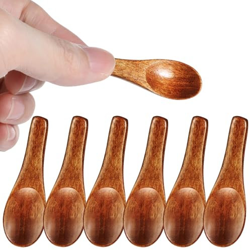 Ymapinc 6pcs Small Wooden Spoons, Mini Wood Spoon for Spice Jars Sugar Salt Sauce Teaspoon Cooking Kitchen - Red Brown