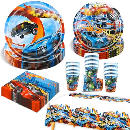 81 Pcs Party Decorations, Hot Car Party Supplies Tableware Set Birthday Decorations Included Plates Cups and Napkins Table Cloth Banner for 20 Guests Boys Girls Chrildren