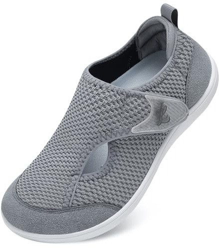 JOINFREE Women’s Wide Fit Barefoot Walking Shoes – Zero Drop Comfort Trainers with Adjustable Strap, Breathable Non-Slip Casual Shoes for Swollen or Sensitive Feet Light Grey 6 UK