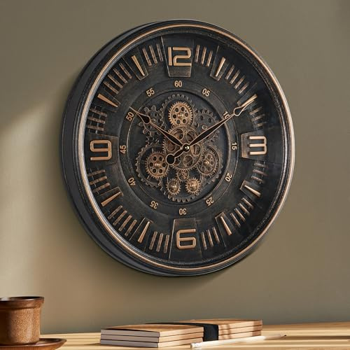 Henescribe 20in Large Real Moving Gears Wall Clock for Living Room, Battery Operated Wall Clocks Decorative Vintage, Home Office Clock, Gift for Family, Friends