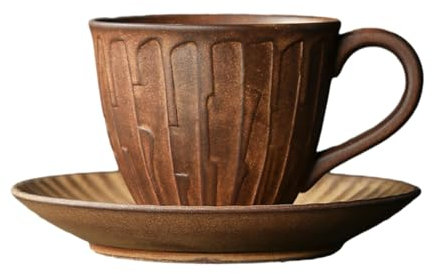Taza de café japonesa minimalista para el hogar, retro, creativa, hecha a mano, 240 ml, taza de texto antiguo + platillo (amarillo retro)