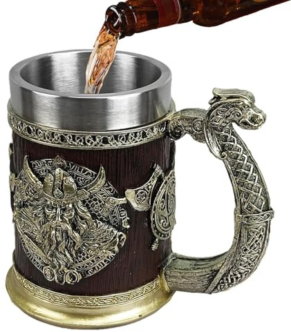 600ml Beer Mug - Stainless Steel Whiskey Barrel Glass | Dragon Ship Design Decor Beer Stein with Wooden Base, Mythology Drinkware for Collectors and Enthusiasts