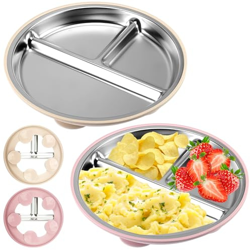 WUISOLQP 2 piatti per bambini in acciaio inox con ventosa, 22 cm, piatti per bambini con ventosa, senza BPA e con silicone rimovibile, piatti per bambini con suddivisione in acciaio inox antiscivolo
