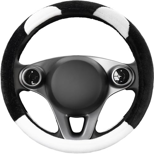 Upgrade4cars Coprivolante Auto Universale Nero Bianco in Peloso | Copertura di Volante Diametro 37-39 cm | Accessori Auto Interno | Regali per Donna e Uomo