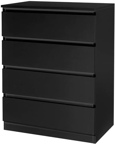 LEADZM Kommode Schlafzimmer Kommode mit 4 Schubladen, Schwarz | für Wohnzimmer, Schlafzimmer, Flur, Schrank, Sideboard, Highboard