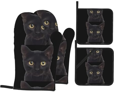 WHJSHOP Lot de 4 maniques et maniques en forme de chat noir pour four, micro-ondes et barbecue en extérieur