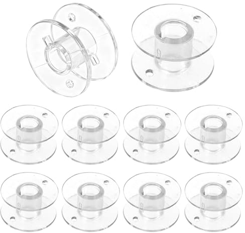 10 Pack 11.5mm Transparent Sewing Machine Bobbins with Anti-Tangle Notch | Anti-tangle security notch prevents jams, clear thread visibility, durable plastic, universal fit for home quilting sewing