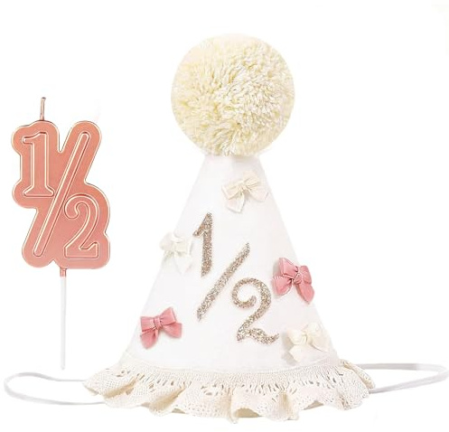 Yalucky 1/2 Geburtstag Partyhut Kinder 6 Monate Geburtstagsdekorationen | Babyparty-Hüte Halbgeburtstagskrone Outfit-Dekorationen geburtstagshut mit Spitze und Schleife