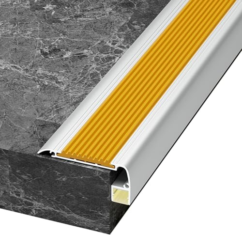 Treppenkantenprofil mit LED-Kanal, rutschfester Treppenkantenschutz mit Gummistreifen, Aluminium Winkelprofil Treppenprofil(Yellow,120cm/47in)