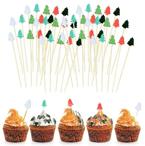 Brochetas de cóctel navideño, selecciones de cóctel de frutas navideñas | Brochetas de dulces navideños | 100 X palos de madera, selecciones de aperitivos de 4,7 pulgadas, suministros para fiestas, co