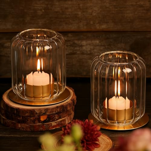 HAVITI 4 PCS Votive Candle Holders, Clear Tealight Candle Holder Glass & Metal Base Lantern Style, Vintage Tea Light Candle Holders for Table Centerpieces, Wedding, Home Decor