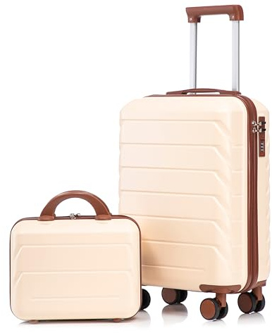 LIFEISLE Hartschalen-Koffer Trolley Handgepäck Rollkoffer, Reisekoffer Set mit 4 Rollen, 2er Gepäckset Beige+Braun