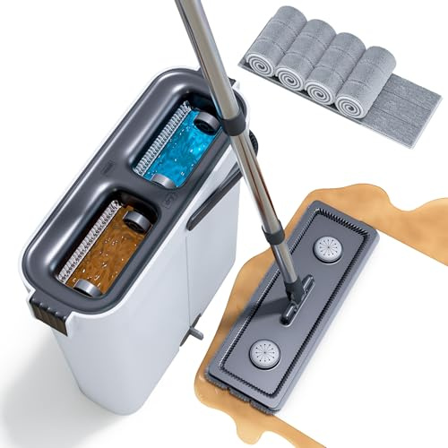 CTIME Bodenwischer Set, Wischmopp Set mit Eimer mit 4 Waschbaren Mikrofaser-Pads, Hand-Frei Wischmop Wischmop, Putzeimer mit Auswringfunktion für Hartholz Laminat Fliesen (33cm)