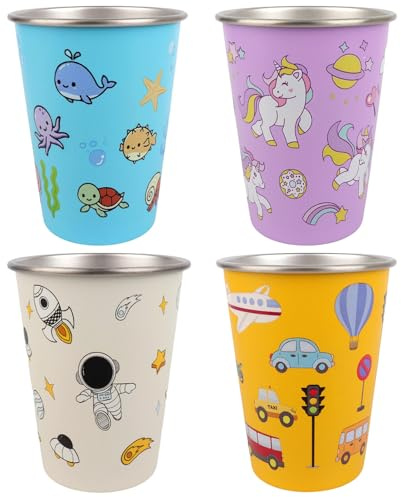 Fiotha 4 Stück Kinderbecher aus Edelstahl, 350ml Edelstahlbecher Kinder Wiederverwendbarer, Trinkbecher für Kinder, Trinkbecher Kinder mit Aufbewahrungsbeutel für Jungen＆Mädchen (4 Farben Design)