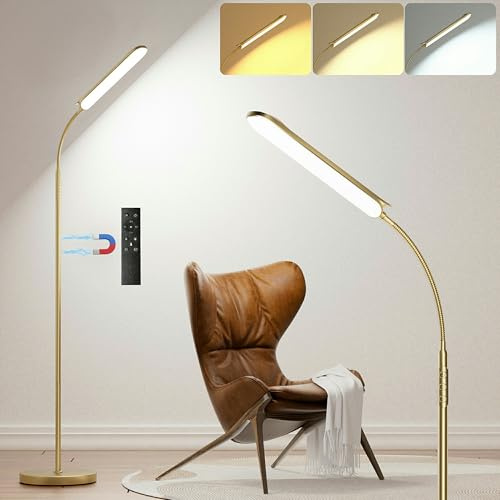 Yikuneng Stehlampe LED Golden, 18W 1800 Lumens Dimmbar Sofa Leselampe mit 4 Farbtemperatur, Fernbedienung und Touch Steuerung, 1H Timer, Schwarz Stehlampe für Wohnzimmer Schlafzimmer Büro