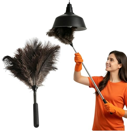 Short Handle Extendable Duster 40-116 cm for Cleaning, Reusable Anti-Static | Ostrich Feather Duster,for High Ceilings,Lamps, Cabinets, Furniture