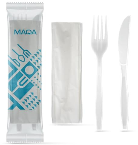 100 cubiertos compostables de CPLA envueltos individualmente + servilleta de 2 capas – Juego de cuchillo y tenedor, certificados 100% reutilizables