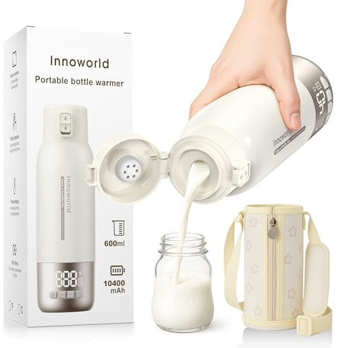 Tragbarer Flaschenwärmer Baby Unterwegs, 600ml Babyflaschenwärmer für Muttermilch & Pre-Nahrung mit Schnellaufheizung, 10400mAh Akku und USB C-Laden, Ideal für Auto, Reisen & Flugzeug