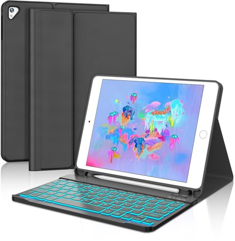 Funda Teclado para iPad 6 Generación 2018/5 Gen 2017 9.7/Air 2/1/Pro 9.7 | Case Keyboard Retroiluminación Bluetooth, Español Ñ, Capa Desmontable con portalápices para iPad iPad 9,7 pulgadas, Negro