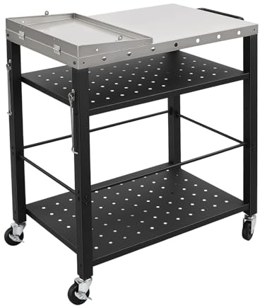 Table de barbecue, chariot de barbecue avec table d'appoint pliable, chariot de service d'extérieur en acier inoxydable, chariot de cuisine, chariot à roulettes pour jardin, terrasse, barbecue, 80 x