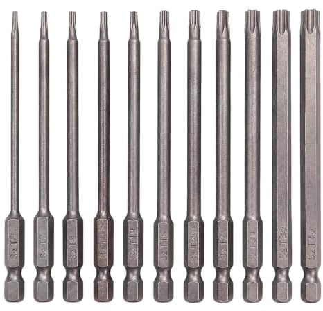 11 stycken Torx bits-set, lång 100 mm magnetisk skruvmejselset med hål T6-T40 sexkantsskaft bit set, lång torx-skruvmejsel för reparation och underhåll