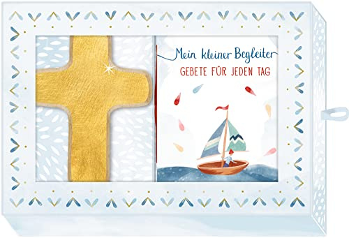 Geschenkbox – Mein kleiner Begleiter: Holzkreuz-Handschmeichler (gold) mit Büchlein