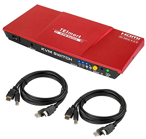 TESmart 2 Port HDMI KVM Switch 4K@60Hz KVM Switcher 2 in 1 out 2 PCs KVM Switches HDMI 4:4:4 Ultra HD, USB 2.0, Control via IR Remote/Hotkeys/Push Button, with 2 pcs of 1.5 m KVM Cables-Red