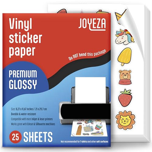 JOYEZA Premium Printable Vinyl Sticker Paper for Inkjet Printer - 25 Sheets Glossy White Waterproof, Dries Quickly Vivid Colors, Holds Ink Well - Inkjet & Laser Printer