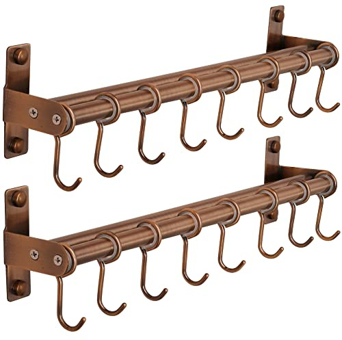 Dseap Pot Rack - Pots and Pans Hanging Rack Rail with 8 Hooks, Double Bars, Pot Hangers for Kitchen, Wall Mounted, Antique Copper, Pack of 2