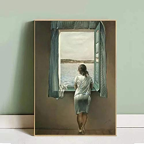 SXKJ Salvador Dali Frau am Fenster Leinwand Gemälde Poster und Drucke Wandkunst Bilder für Wohnzimmer Wohnkultur Wandbild 50x70cm Rahmenlos