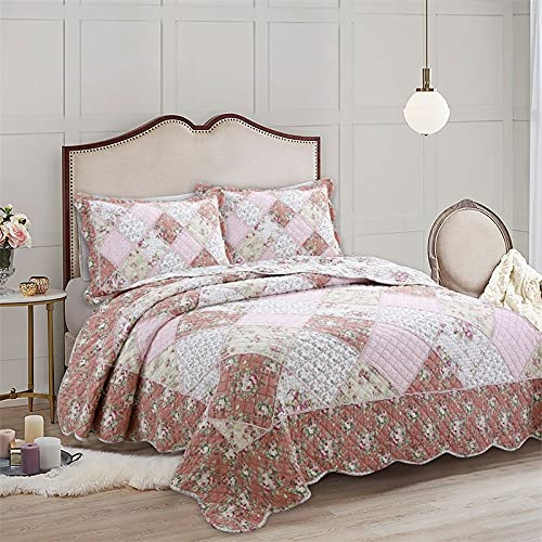 CXLT Rosa Patchwork-Bettdecken Tagesdecke 100% Baumwolle Gesteppt Steppdecken Überwurf 230x250cm Pastoralen Stil 3PCS Bettwäsche Dekorieren Tröster Alle Jahreszeiten Decke Mit 2 Kissenbezügen 50x70cm