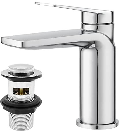 Basin Mixer Taps with Waste, BATHWEST Modern Monobloc Basin Taps with Drainer Single Handle Chrome Brass Bathroom Sink Taps with Pop Up Waste 672MCR