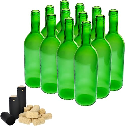 Browin 631473 Set med 12 gröna vinflaskor av glas, med en kapacitet på 750 ml bordeaux med kork och krympkåpor