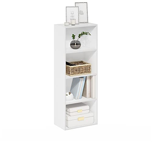 Furinno Luder 4-stufiges Bücherregal mit offenem Regal, Weiß | 9 x 15,6 x 41,7 cm, geschlossene Rückseite, modernes Bücherregal, für Wohnzimmer, Schlafzimmer, Heimbüro