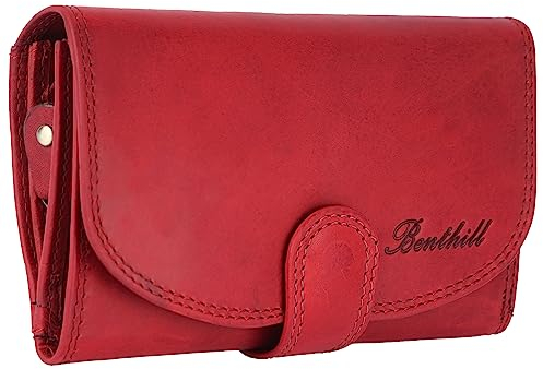 Benthill Damen Geldbörse Echt Leder - Portemonnaie mit RFID Schutz - Portmonee viele Kartenfächer - Echtleder Vintage Damenbörse inkl. Geschenkbox, Farbe:Rot