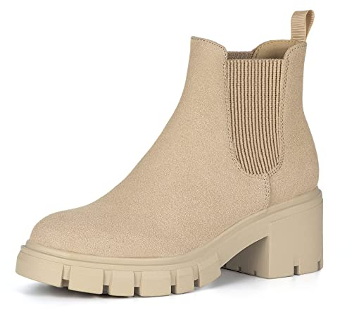 Athlefit Women's Chelsea Boots Fashion Lug Sole Chunky Heel Slip on Elastic Ankle Nude Booties Size 7.5