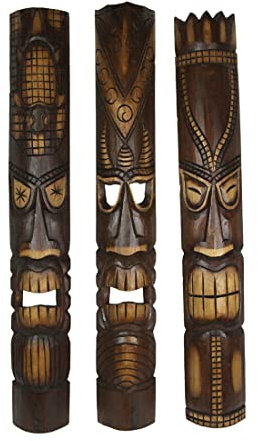 Zeckos Set of 3 40-Inch Tall Hand-Carved Tiki Mask Wall Sculptures - Polynesian-Style Tropical Beach Home Hanging Art with Exquisite Indonesian Artisan Craftsmanship