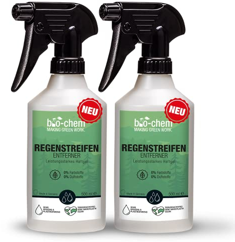 bio-chem - Nettoyant Anti Traces de Pluie 2 x 0,5L Pare-Brise et vitres de Camping-Car, caravanes, Voiture - Produit vitre idéal pour Vos séjours en Camping Car