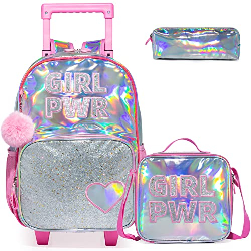 Rucksack Mädchen Schulranzen Trolley Schulrucksack Mädchen Grundschulkinder 3PCS Kinder Schultrolley Geeignet für Schule und Reise Essensbeutel und Federmäppchen Grüner Liebe Trolley Rucksack für Rosa
