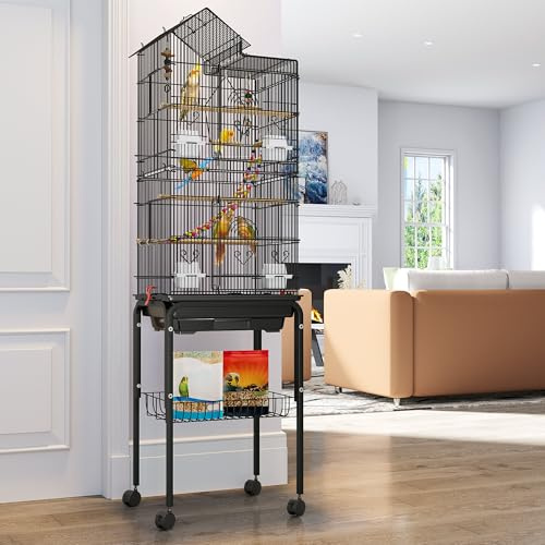 YITAHOME 62 inch Metal Bird Cage, Large Parakeet Cages for Parrot, Cockatiel, Lovebird, Pigeon with Roof Top, Rolling Stand and Hanging Accessories