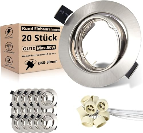 Allesgute Lot de 20 Cadres d'Éclairage Encastrables - Design Circulaire Trou de 68mm - Matériau en Acier Inoxydable Brossé - Compatible Ampoules GU10 LED ou Halogènes - Douilles GU10 Incluses