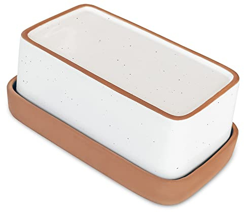 Mora Ceramic Two-in-One Butter Dish with Lid, Covered Butter Crock Container to Leave on Countertop - Large Storage Keeper/Holder for Kitchen, Gifts for Her, Butter Tray For Counter - Vanilla White