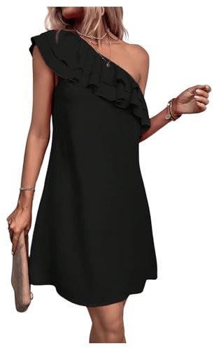 Floerns Women's One Shoulder Tiered Layered Sleeveless Ruffle Trim Tunic Dress Black Solid M