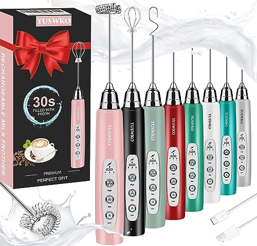 YUSWKO Montalatte portatile per caffè, frusta elettrica ricaricabile con 3 teste, 3 velocità, miscelatore per bevande e caffè, per latte, cappuccino, cioccolata calda, uova, rosa