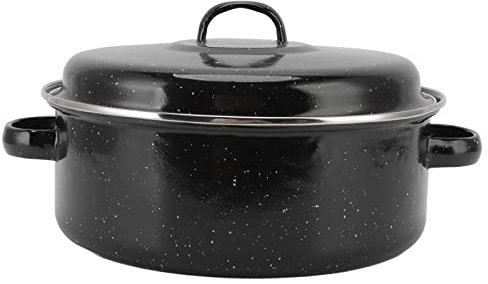 Black Speckled Roasting Pan with Domed Lid, Roasting Pan, Small Enameled Turkey Roaster Pot, Non Stick Pan Great for Roasted Sweet Potatoes Chestnuts Chicken Ham(26cm)